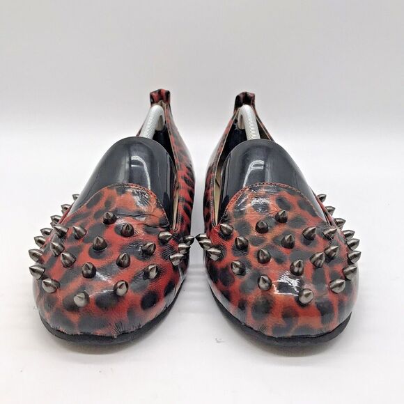 Extreme by Eddie Marc Spiked Ballet Flats Women's 9 Red Black Animal Print Shoes - Picture 1 of 9
